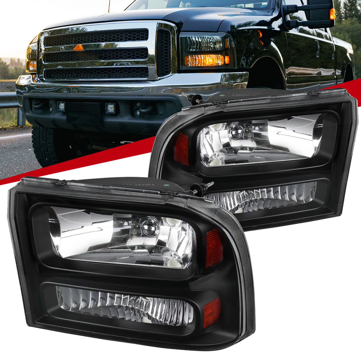 1999-2004 Ford Excursion/F-250/F-350/F-450/F-550 Crystal Headlights (Matte Black Housing/Clear Lens)