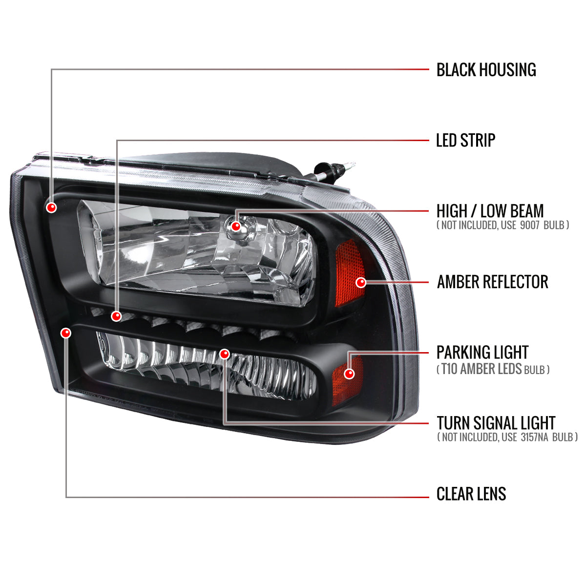 1999-2004 Ford F-250/F-350/F-450/F-550/Excursion Crystal Headlights w/ SMD LED Light Strip (Matte Black Housing/Clear Lens)