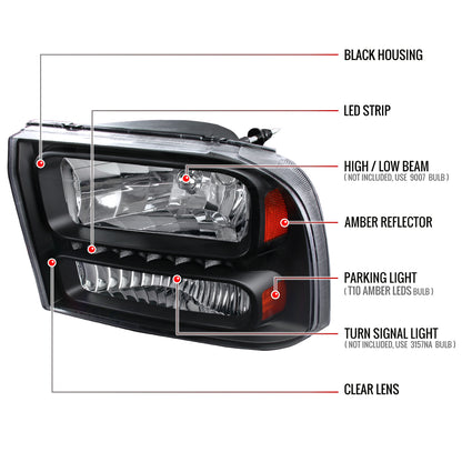 1999-2004 Ford F-250/F-350/F-450/F-550/Excursion Crystal Headlights w/ SMD LED Light Strip (Matte Black Housing/Clear Lens)