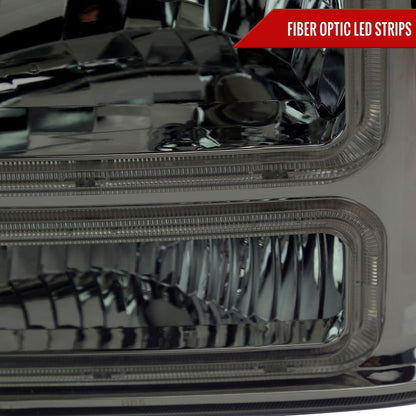 1999-2004 Ford F-250/F-350/F-450/F-550/2000-2004 Excursion Euro Factory Style Headlights with Dual LED C-Bar  (Chrome Housing/Smoked Lens)