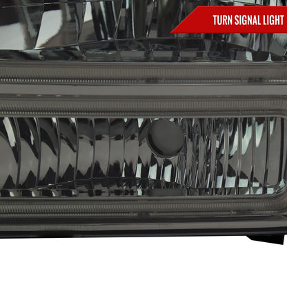 1999-2004 Ford F-250/F-350/F-450/F-550/2000-2004 Excursion Euro Factory Style Headlights with Dual LED C-Bar  (Chrome Housing/Smoked Lens)
