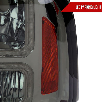 1999-2004 Ford F-250/F-350/F-450/F-550/2000-2004 Excursion Euro Factory Style Headlights with Dual LED C-Bar  (Chrome Housing/Smoked Lens)
