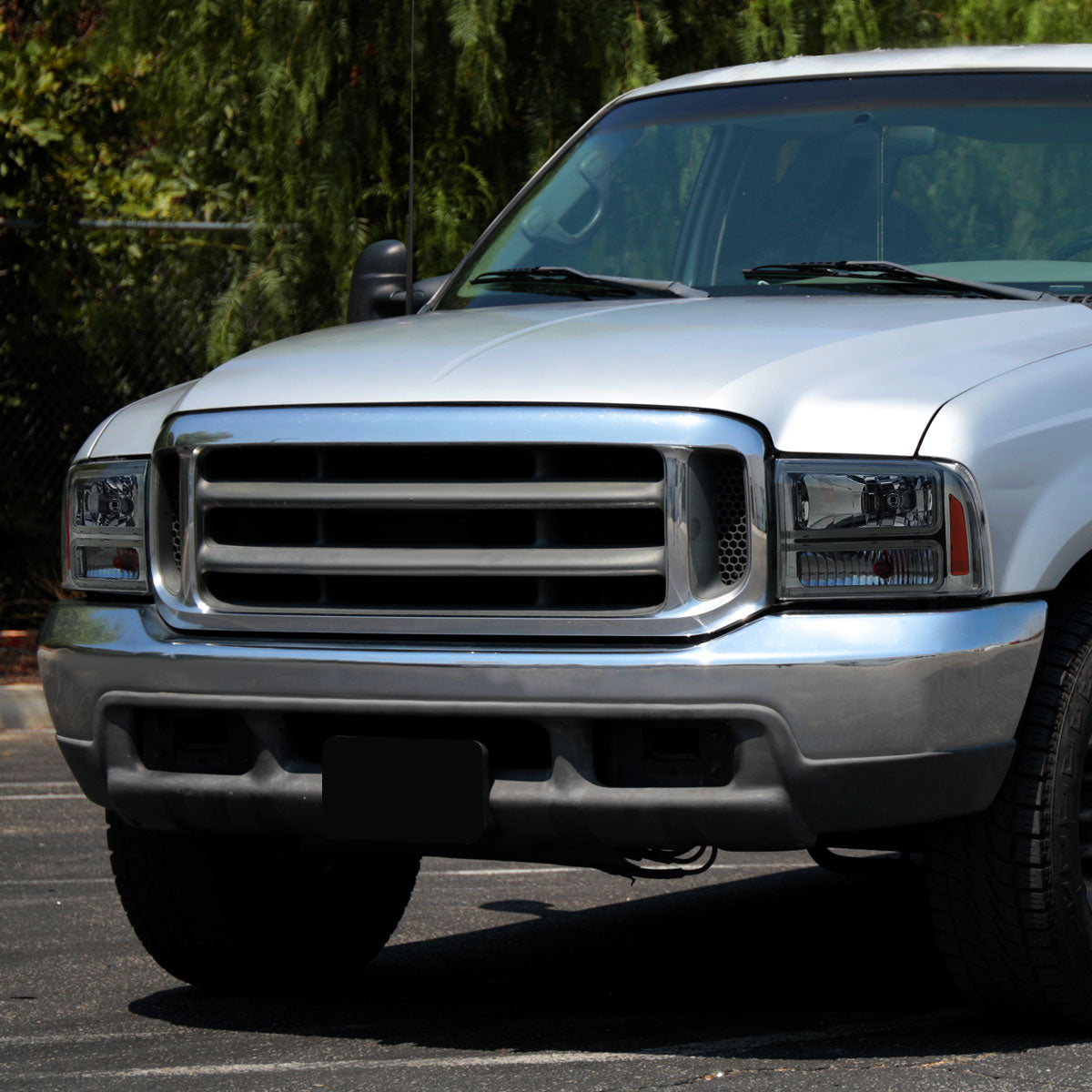1999-2004 Ford F-250/F-350/F-450/F-550/2000-2004 Excursion Euro Factory Style Headlights with Dual LED C-Bar  (Chrome Housing/Smoked Lens)