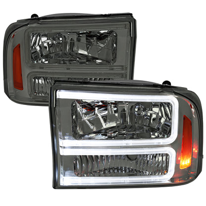 1999-2004 Ford F-250/F-350/F-450/F-550/2000-2004 Excursion Euro Factory Style Headlights with Dual LED C-Bar  (Chrome Housing/Smoked Lens)