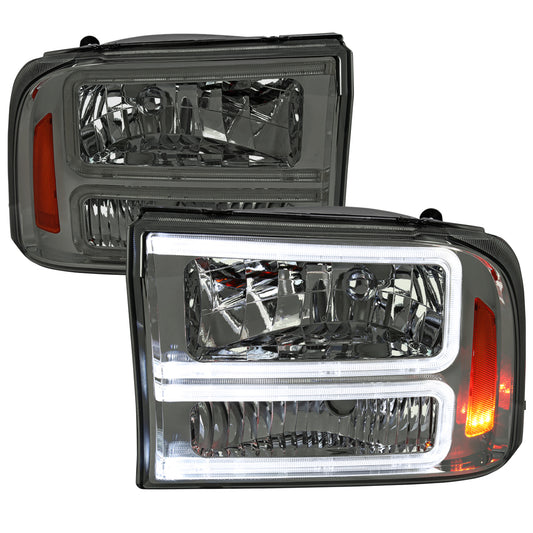1999-2004 Ford F-250/F-350/F-450/F-550/2000-2004 Excursion Euro Factory Style Headlights with Dual LED C-Bar  (Chrome Housing/Smoked Lens)