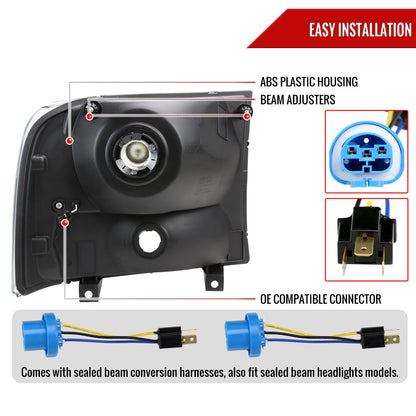 1999-2004 Ford F-250/F-350/F-450/F-550/2000-2004 Excursion Euro Factory Style Headlights with Dual LED C-Bar  (Matte Black Housing/Clear Lens)