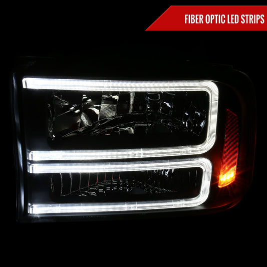 1999-2004 Ford F-250/F-350/F-450/F-550/2000-2004 Excursion Euro Factory Style Headlights with Dual LED C-Bar & Amber Reflectors (Jet Black Housing/Smoked Lens)