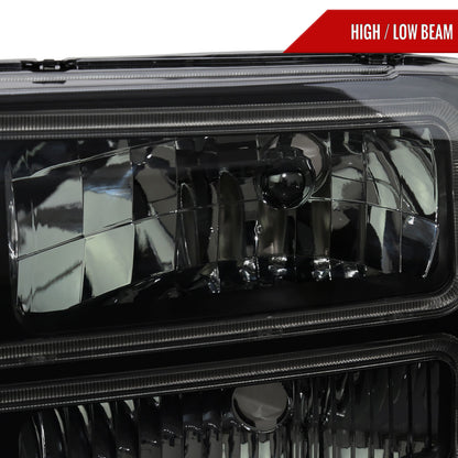 1999-2004 Ford F-250/F-350/F-450/F-550/2000-2004 Excursion Euro Factory Style Headlights with Dual LED C-Bar & Amber Reflectors (Jet Black Housing/Smoked Lens)