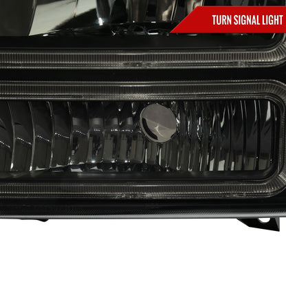 1999-2004 Ford F-250/F-350/F-450/F-550/2000-2004 Excursion Euro Factory Style Headlights with Dual LED C-Bar & Amber Reflectors (Jet Black Housing/Smoked Lens)