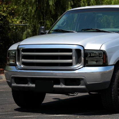 1999-2004 Ford F-250/F-350/F-450/F-550/2000-2004 Excursion Euro Factory Style Headlights with Dual LED C-Bar & Amber Reflectors (Jet Black Housing/Smoked Lens)