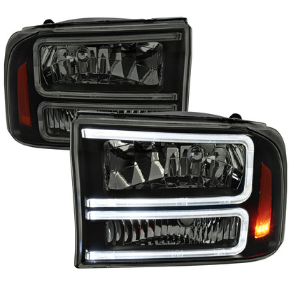 1999-2004 Ford F-250/F-350/F-450/F-550/2000-2004 Excursion Euro Factory Style Headlights with Dual LED C-Bar & Amber Reflectors (Jet Black Housing/Smoked Lens)