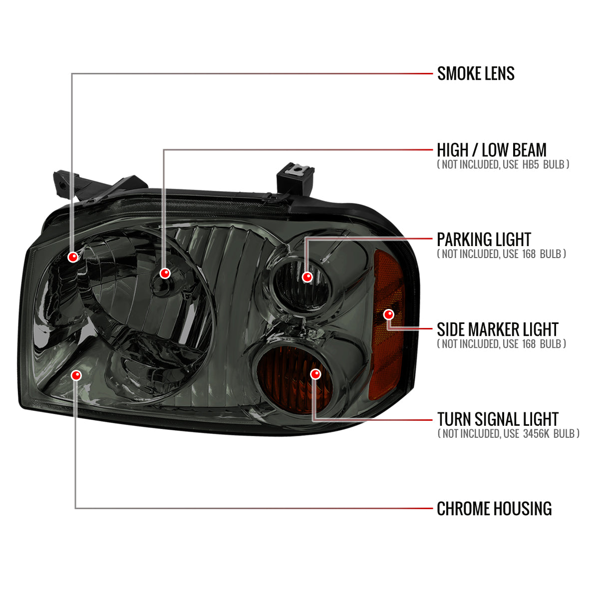 2001-2004 Nissan Frontier XE Factory Style Headlight (Chrome Housing/Smoked Lens)