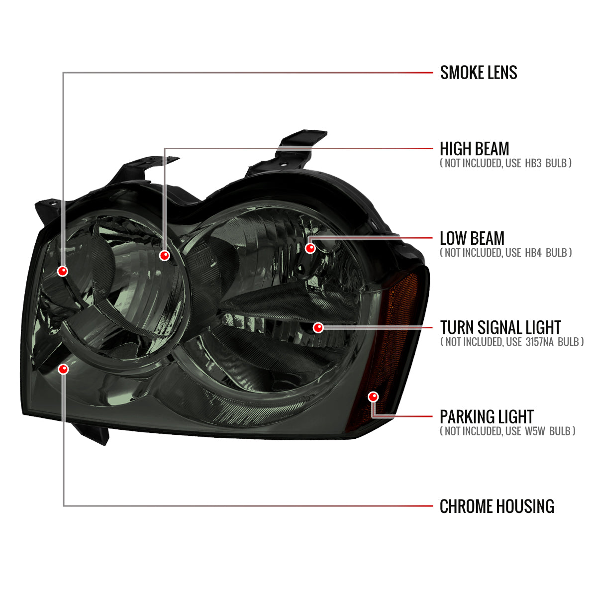 2005-2007 Jeep Grand Cherokee Factory Style Headlights (Chrome Housing/Smoked Lens)