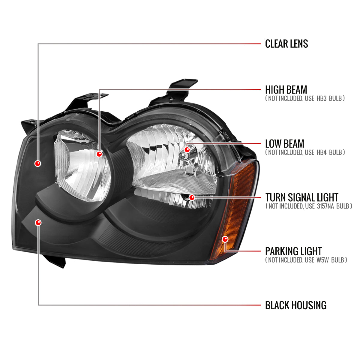 2005-2007 Jeep Grand Cherokee Factory Style Headlights (Matte Black Housing/Clear Lens)