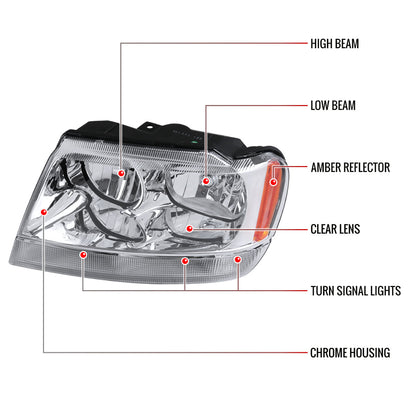 1999-2004 Jeep Grand Cherokee Factory Style Crystal Headlights w/ Amber Reflectors (Chrome Housing/Clear Lens)