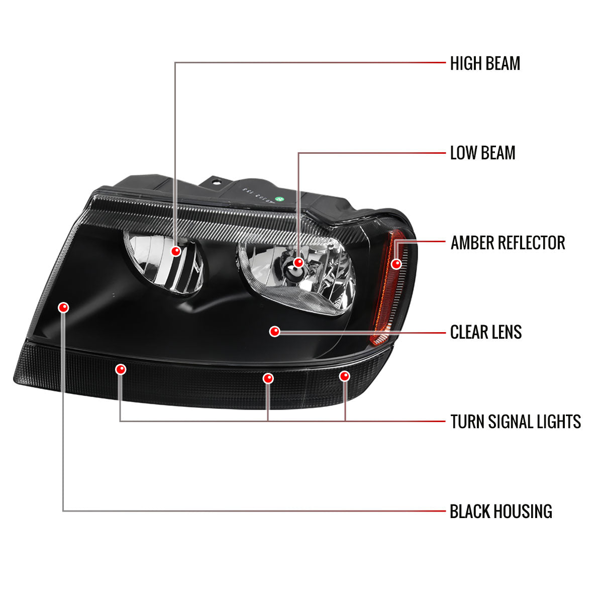1999-2004 Jeep Grand Cherokee Factory Style Crystal Headlights w/ Amber Reflectors (Matte Black Housing/Clear Lens)