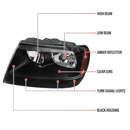 1999-2004 Jeep Grand Cherokee Factory Style Crystal Headlights w/ Amber Reflectors (Matte Black Housing/Clear Lens)