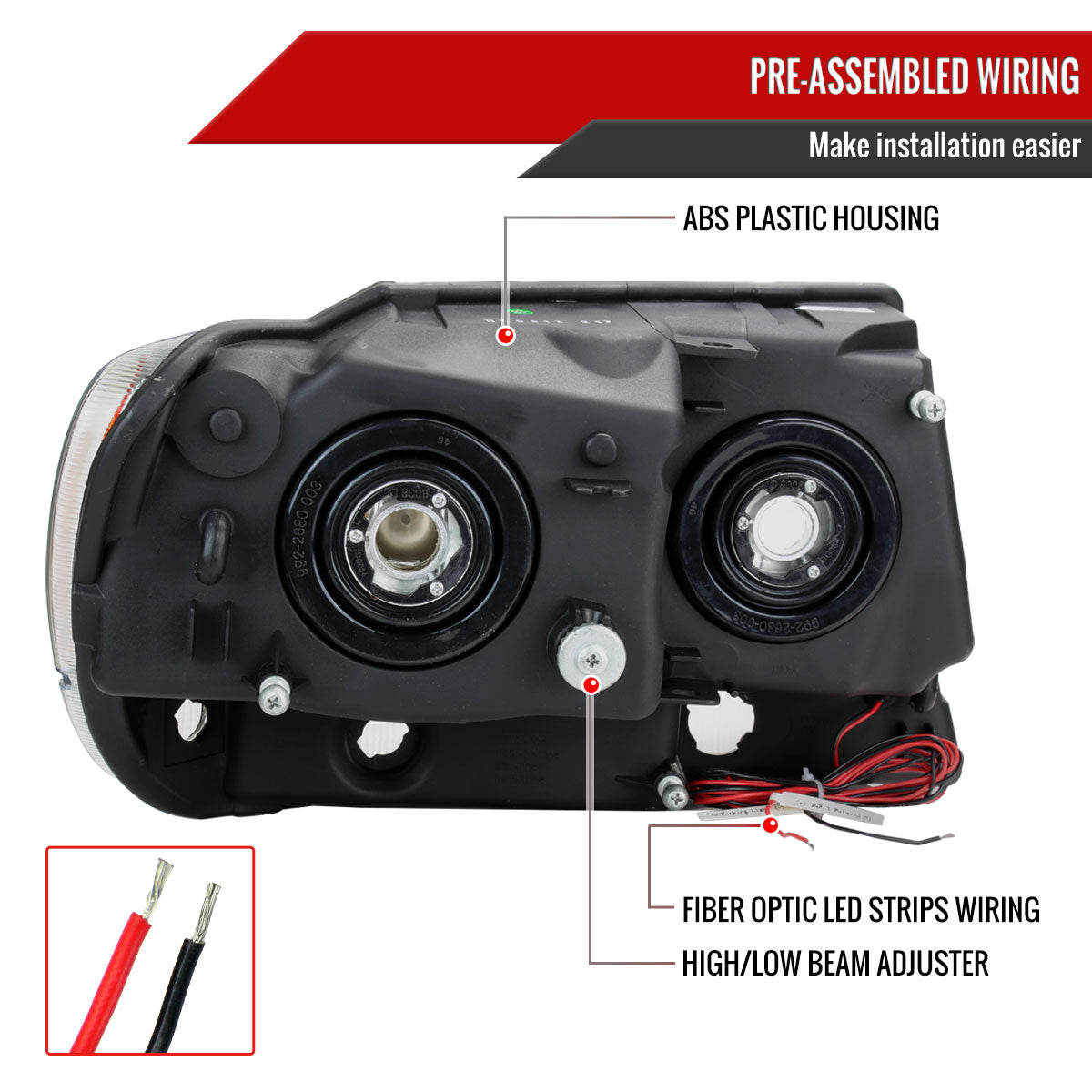 1999-2004 Jeep Grand Cherokee Factory Style Dual LED Bar Headlights (Matte Black Housing/Clear Lens)