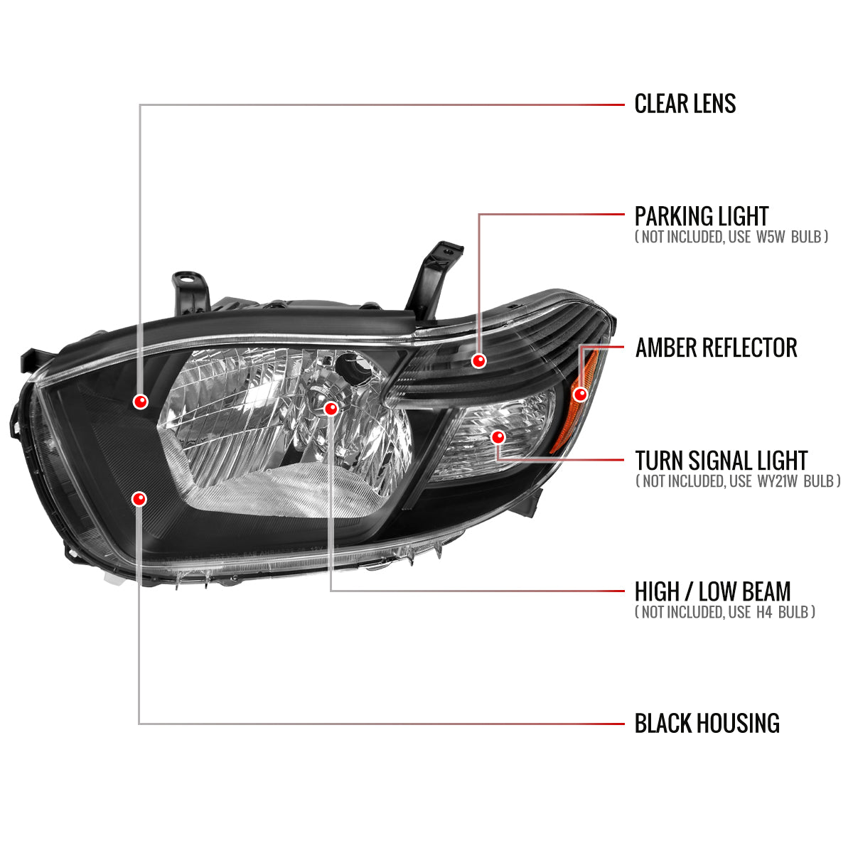 2008-2010 Toyota Highlander Factory Halogen Replacement Headlights (Matte Black Housing/Clear Lens)