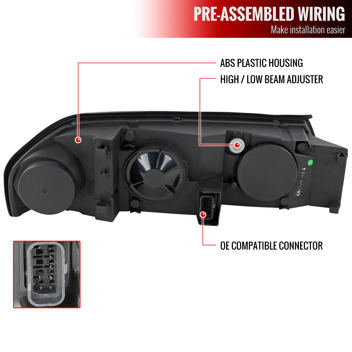 2000-2005 Chevrolet Impala Crystal Headlights w/ SMD LED Light Strip (Chrome Housing/Clear Lens)
