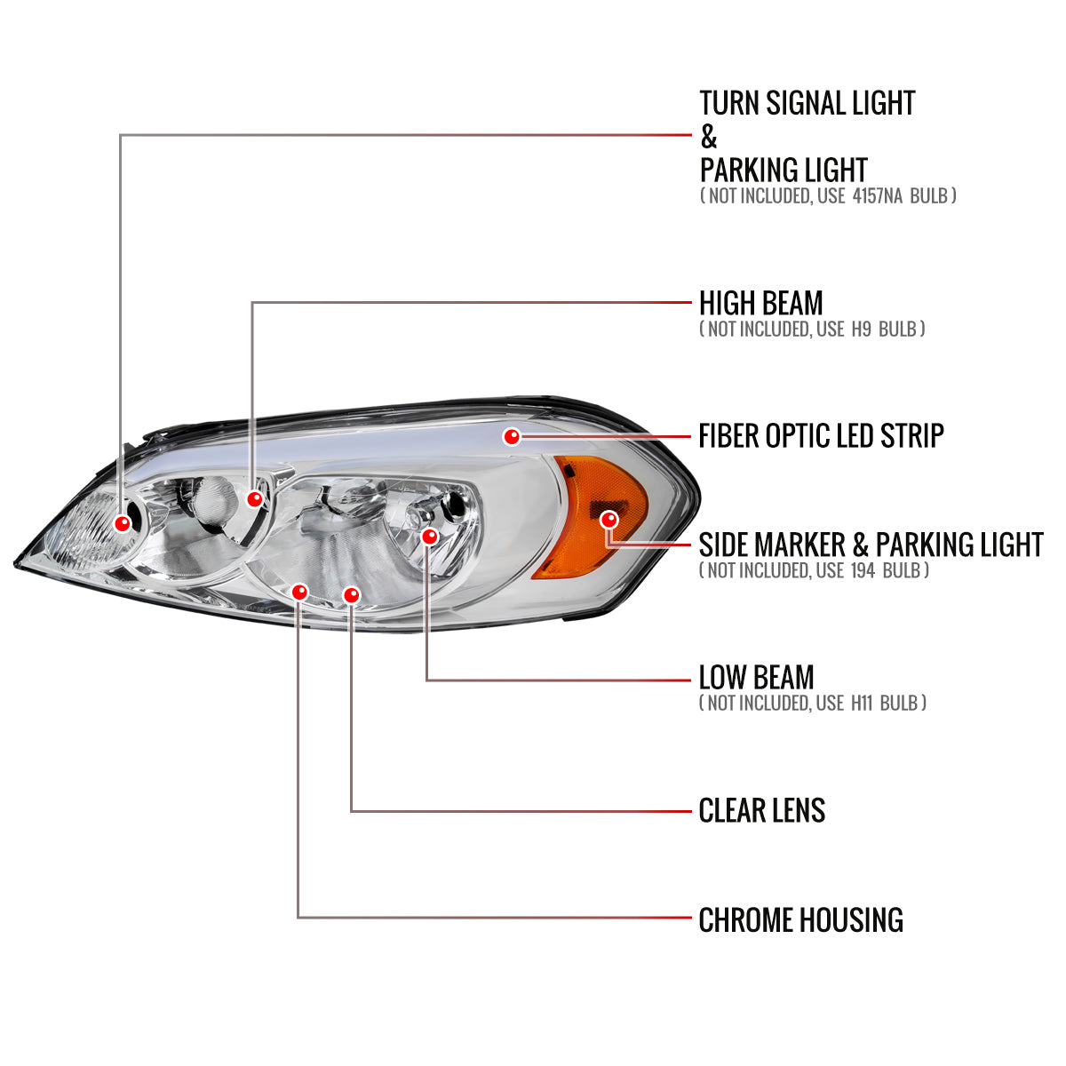 2006-2013 Chevrolet Impala/2006-2007 Monte Carlo/2014-2016 Impala Limited Factory Style Headlights w/ LED Strip (Chrome Housing/Clear Lens)