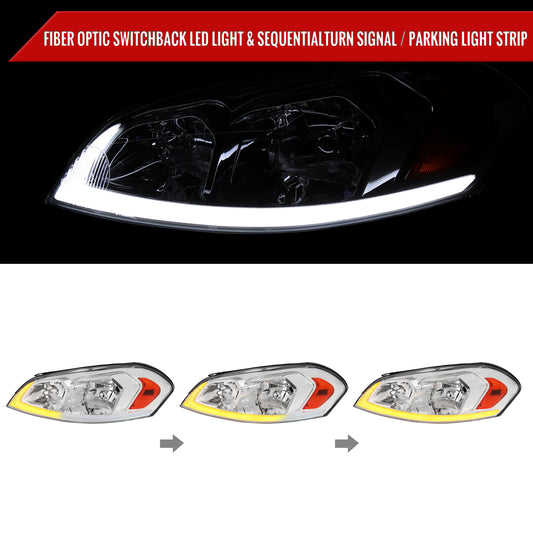 2006-2013 Chevrolet Impala/2014-2016 Impala Limited/2006-2007 Monte Carlo Switchback Sequential Signal LED Bar Factory Style Headlights (Chrome Housing/Clear Lens)