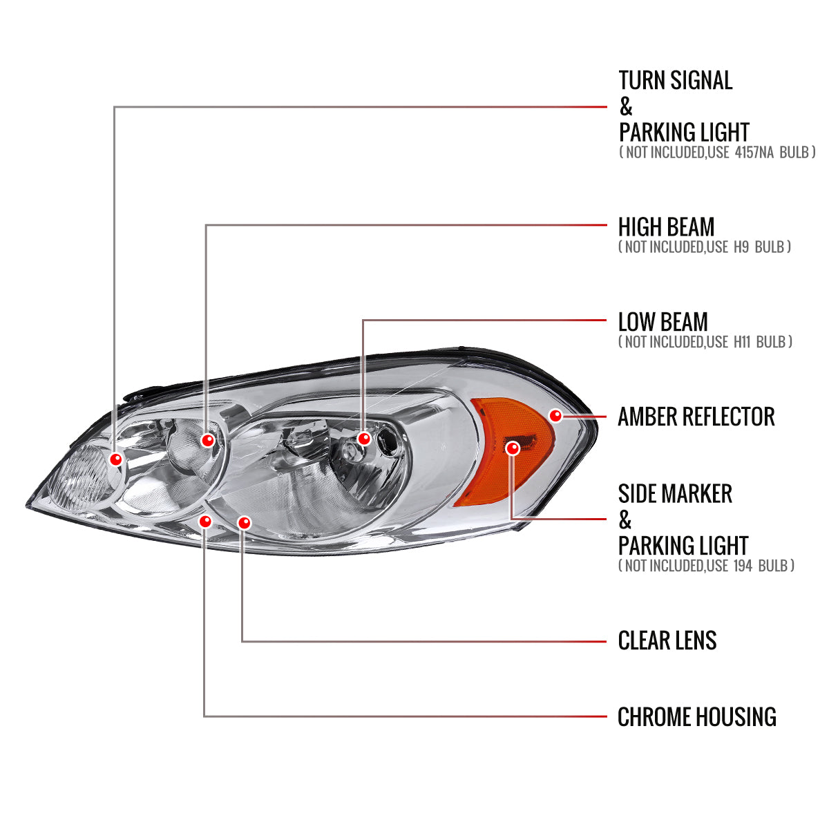 2006-2013 Chevrolet Impala / 2014-2016 Impala Limited / 2006-2007 Monte Carlo Factory Style Crystal Headlights w/ Amber Reflectors (Chrome Housing/Clear Lens)