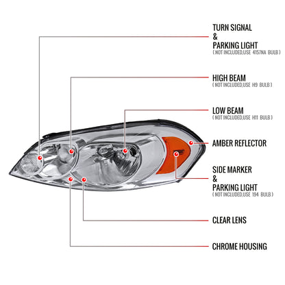 2006-2013 Chevrolet Impala / 2014-2016 Impala Limited / 2006-2007 Monte Carlo Factory Style Crystal Headlights w/ Amber Reflectors (Chrome Housing/Clear Lens)