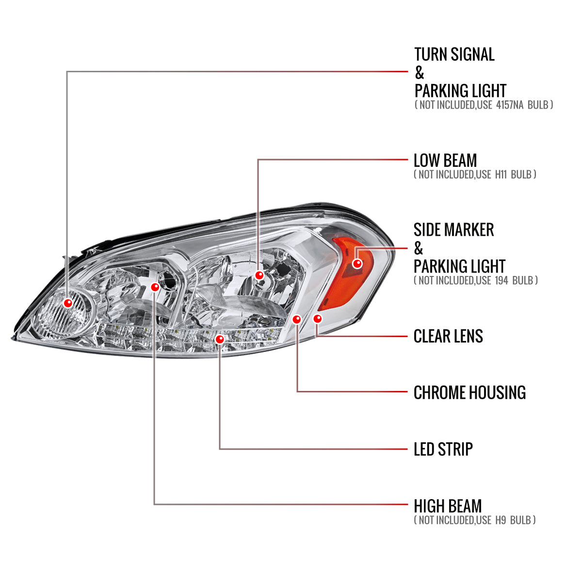 2006-2013 Chevrolet Impala / 2014-2015 Impala Limited / 2006-2007 Monte Carlo Factory Style Crystal Headlights w/ SMD LED Light Strip (Chrome Housing/Clear Lens)