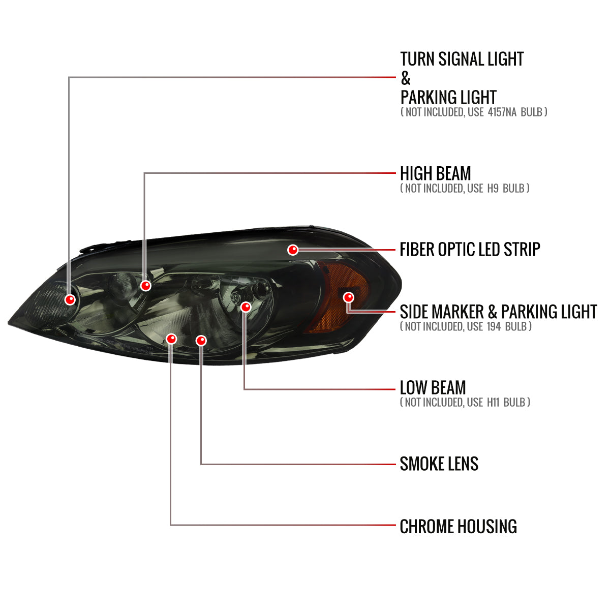 2006-2013 Chevrolet Impala/2006-2007 Monte Carlo/2014-2016 Impala Limited Factory Style Headlights w/ LED Strip (Chrome Housing/Smoked Lens)