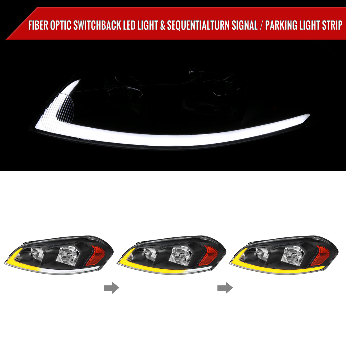 2006-2013 Chevrolet Impala/2014-2016 Impala Limited/2006-2007 Monte Carlo Switchback Sequential Signal LED Bar Factory Style Headlights (Matte Black Housing/Clear Lens)
