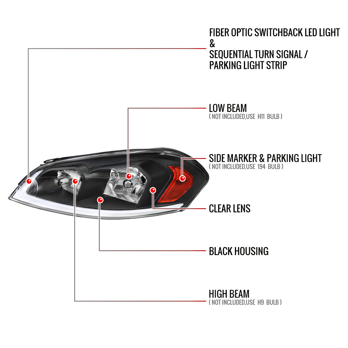 2006-2013 Chevrolet Impala/2014-2016 Impala Limited/2006-2007 Monte Carlo Switchback Sequential Signal LED Bar Factory Style Headlights (Matte Black Housing/Clear Lens)