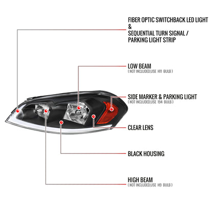 2006-2013 Chevrolet Impala/2014-2016 Impala Limited/2006-2007 Monte Carlo Switchback Sequential Signal LED Bar Factory Style Headlights (Matte Black Housing/Clear Lens)