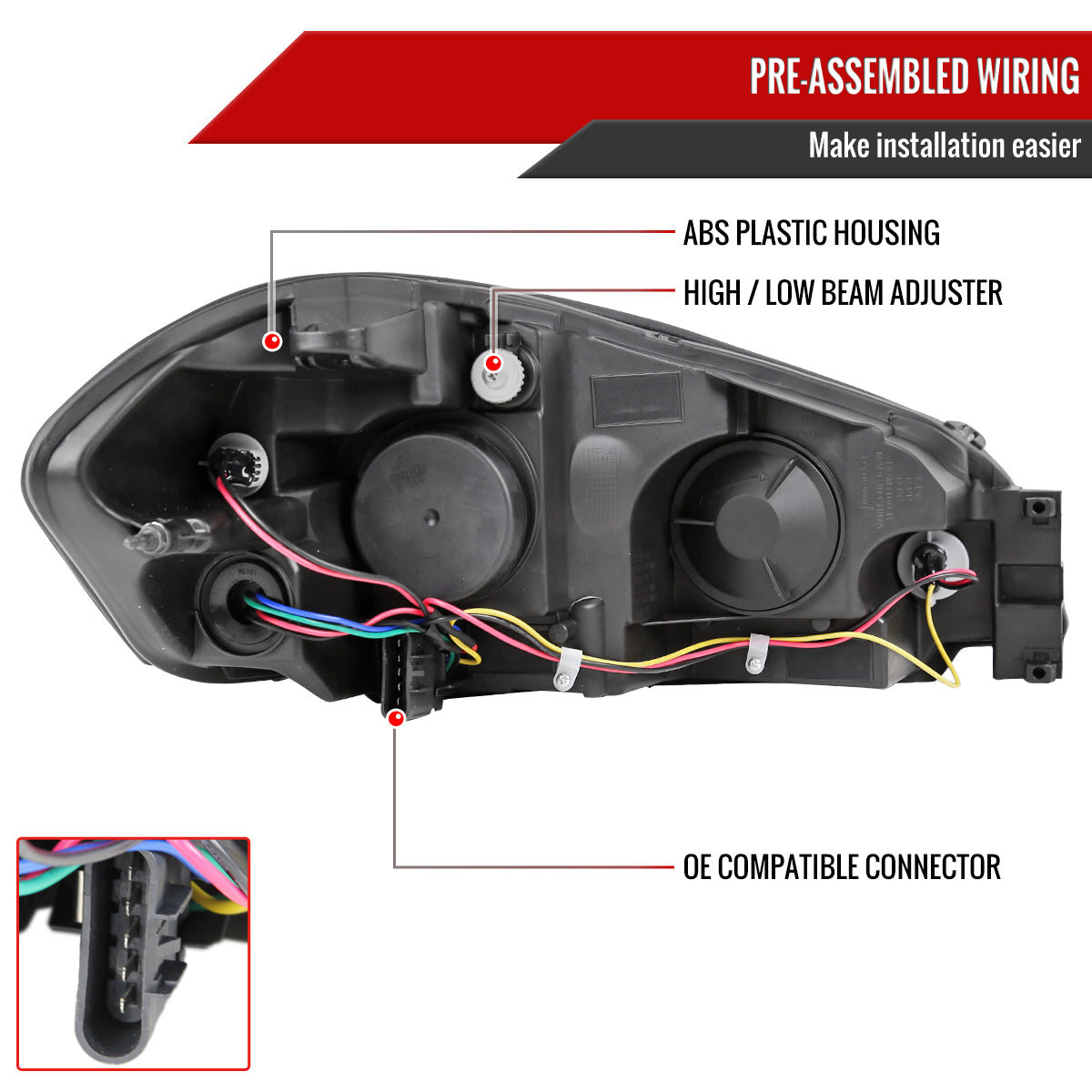 2006-2013 Chevrolet Impala / 2014-2015 Impala Limited / 2006-2007 Monte Carlo Factory Style Crystal Headlights w/ SMD LED Light Strip (Matte Black Housing/Clear Lens)