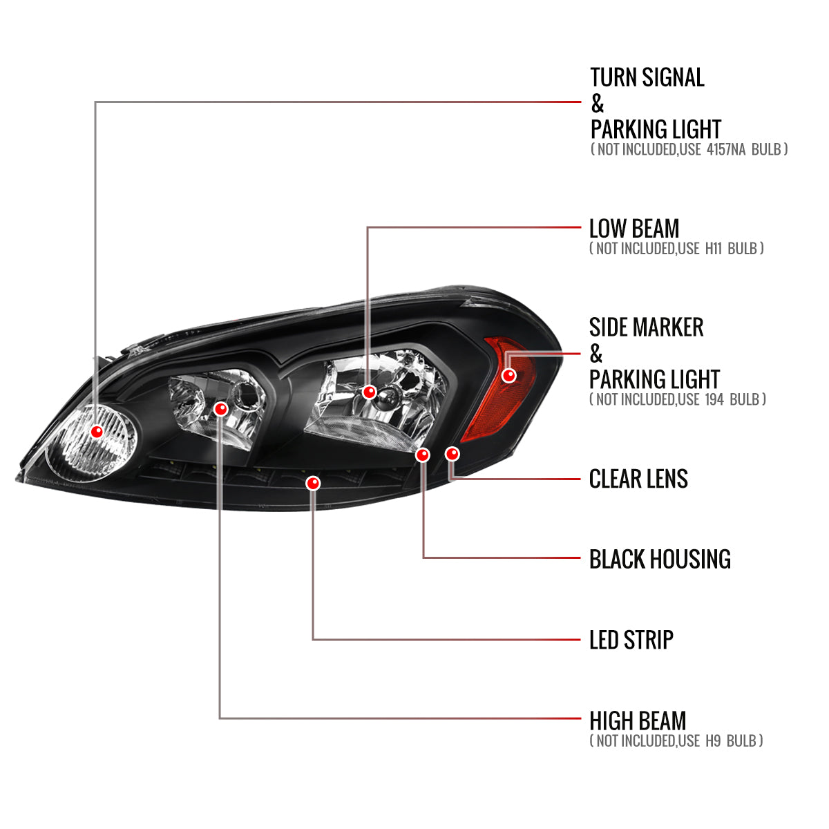 2006-2013 Chevrolet Impala / 2014-2015 Impala Limited / 2006-2007 Monte Carlo Factory Style Crystal Headlights w/ SMD LED Light Strip (Matte Black Housing/Clear Lens)