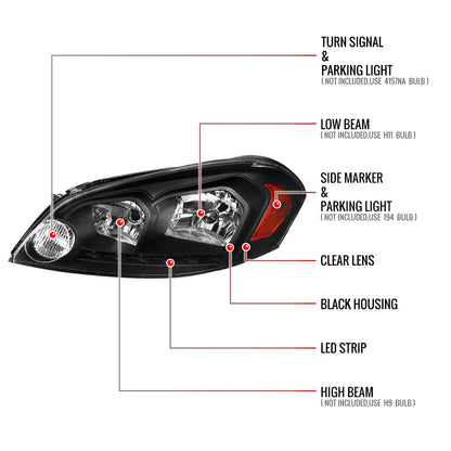2006-2013 Chevrolet Impala / 2014-2015 Impala Limited / 2006-2007 Monte Carlo Factory Style Crystal Headlights w/ SMD LED Light Strip (Matte Black Housing/Clear Lens)