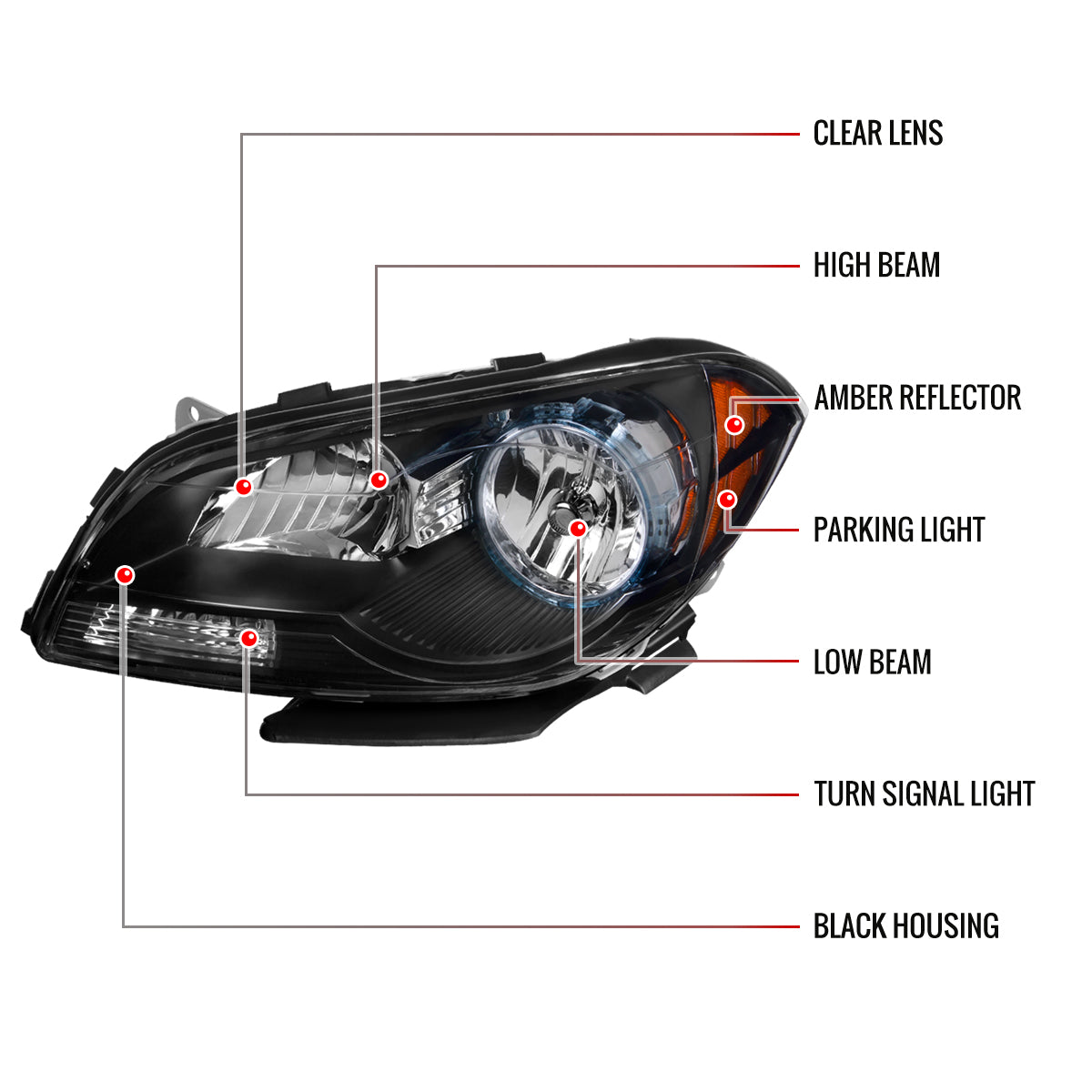 2008-2012 Chevrolet Malibu LS/LT/LTZ/Hybrid Crystal Headlights w/ Amber Reflectors (Matte Black Housing/Clear Lens)