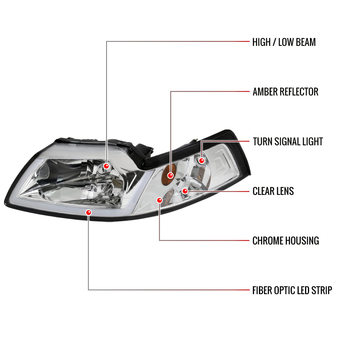 1999-2004 Ford Mustang LED Bar Factory Style Headlights with Amber Reflector (Chrome Housing/Clear Lens)