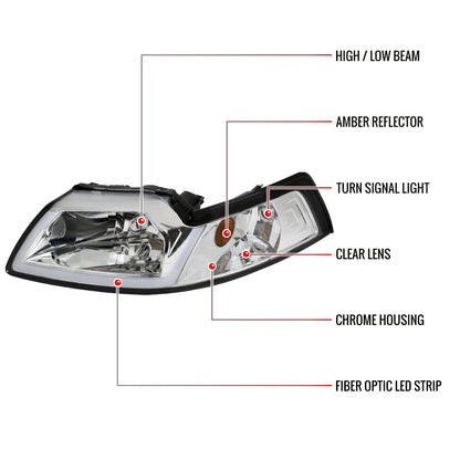 1999-2004 Ford Mustang LED Bar Factory Style Headlights with Amber Reflector (Chrome Housing/Clear Lens)