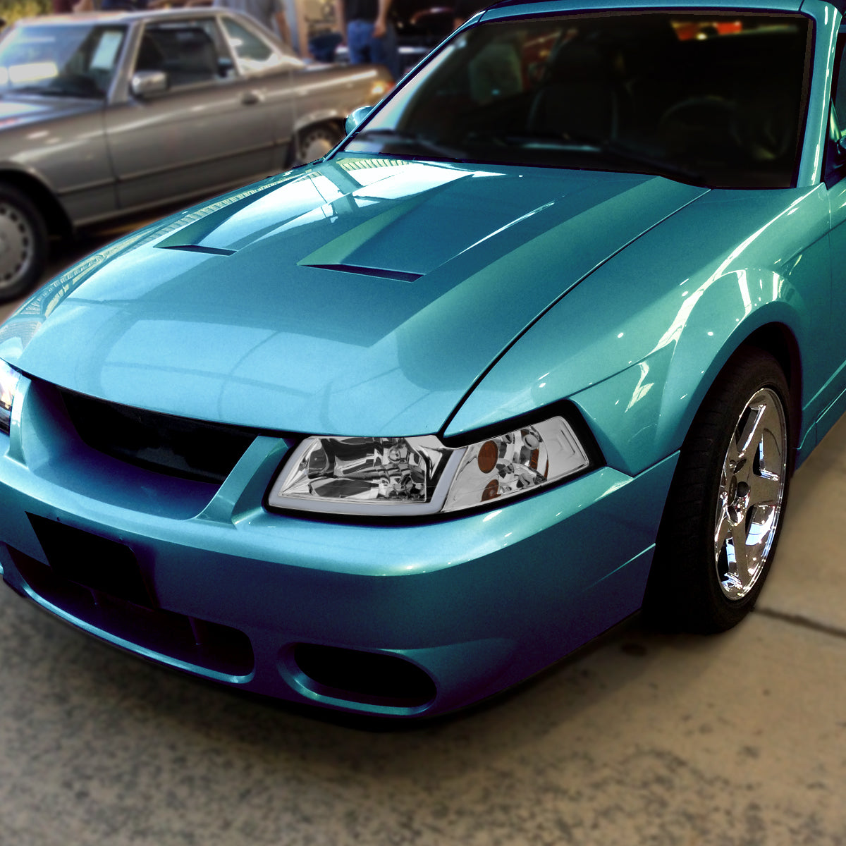 1999-2004 Ford Mustang LED Bar Factory Style Headlights with Amber Reflector (Chrome Housing/Clear Lens)