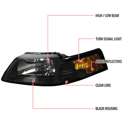 1999-2004 Ford Mustang Factory Style Headlights w/ Amber Reflectors(Matte Black Housing/Clear Lens)