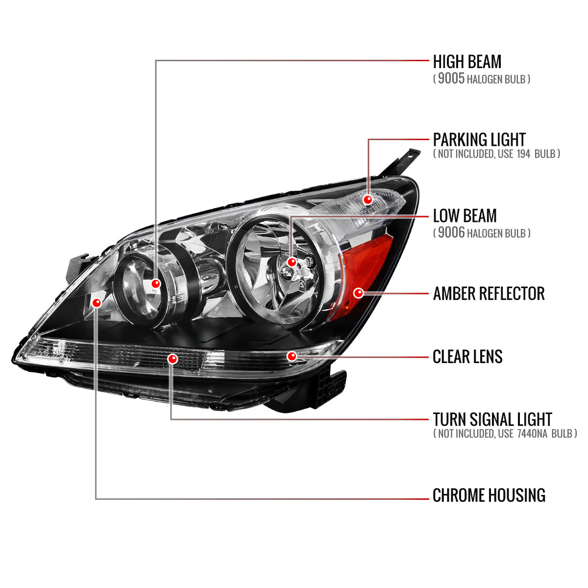2005-2007 Honda Odyssey Factory Style Crystal Headlights w/ 9006 Bulbs (Chrome Housing/Clear Lens)