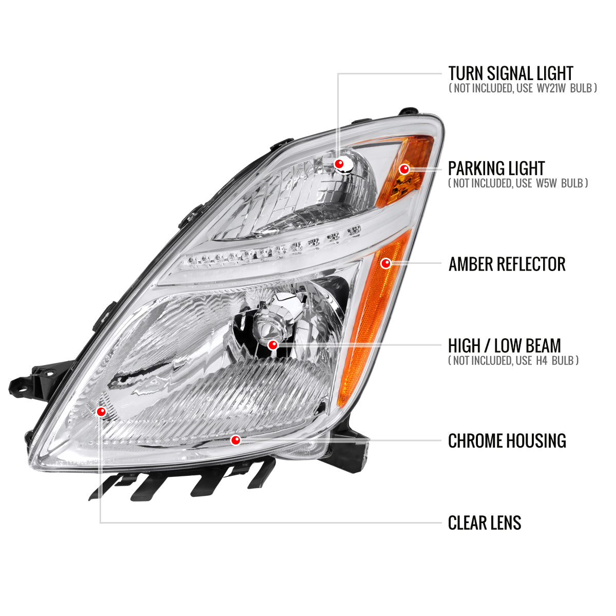 2006-2009 Toyota Prius Factory Style Headlights with Amber Reflector (Chrome Housing/Clear Lens)
