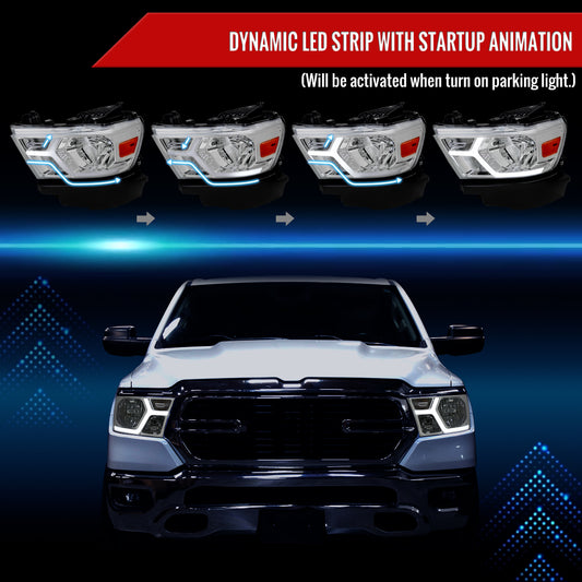 2019-2024 Dodge RAM 1500 Animated LED Bar Factory Style Headlights (Chrome Housing/Clear Lens)
