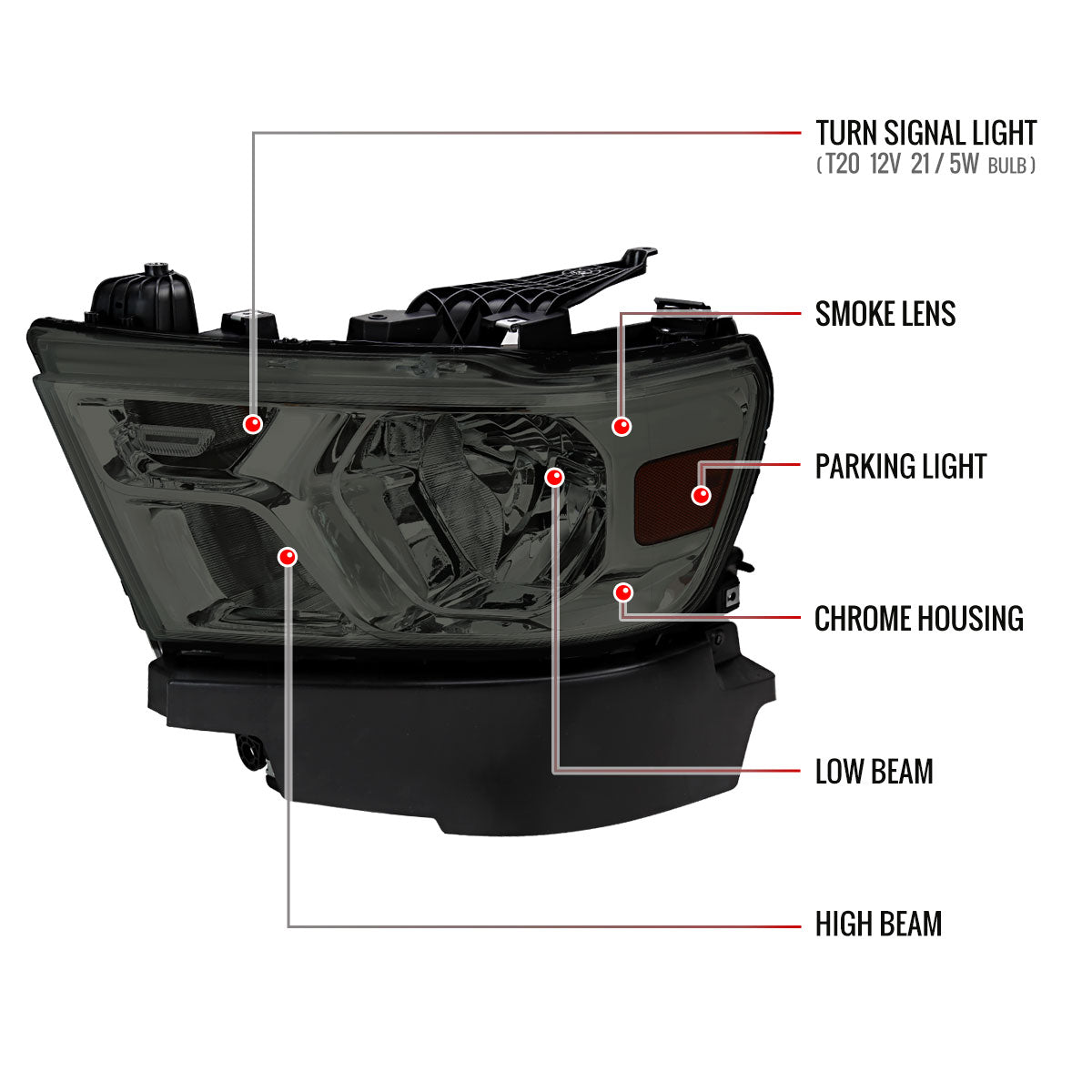 2019-2024 Dodge RAM 1500 Factory Style Headlights with Amber Reflectors (Chrome Housing/Smoked Lens)