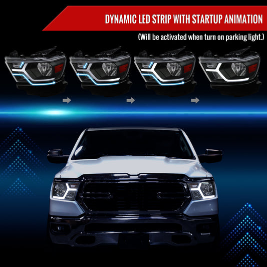2019-2024 Dodge RAM 1500 Animated LED Bar Factory Style Headlights (Matte Black Housing/Clear Lens)