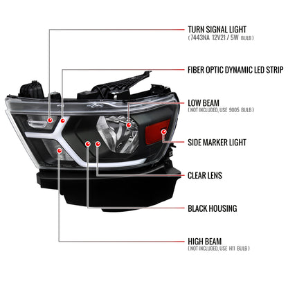 2019-2024 Dodge RAM 1500 Animated LED Bar Factory Style Headlights (Matte Black Housing/Clear Lens)