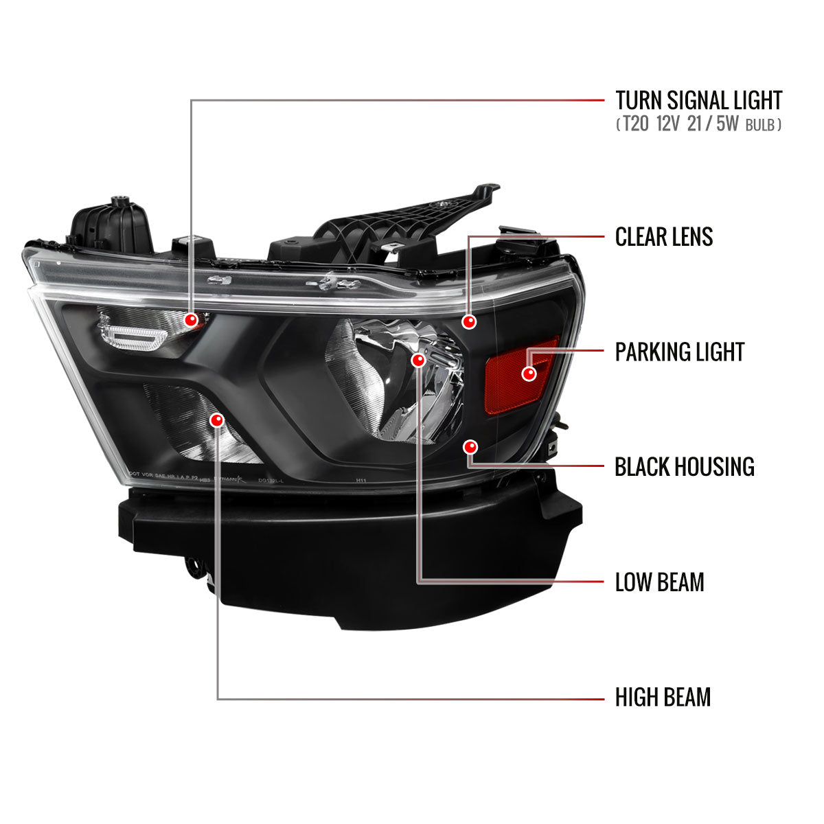 2019-2024 Dodge RAM 1500 Factory Style Headlights with Amber Reflectors (Matte Black Housing/Clear Lens)