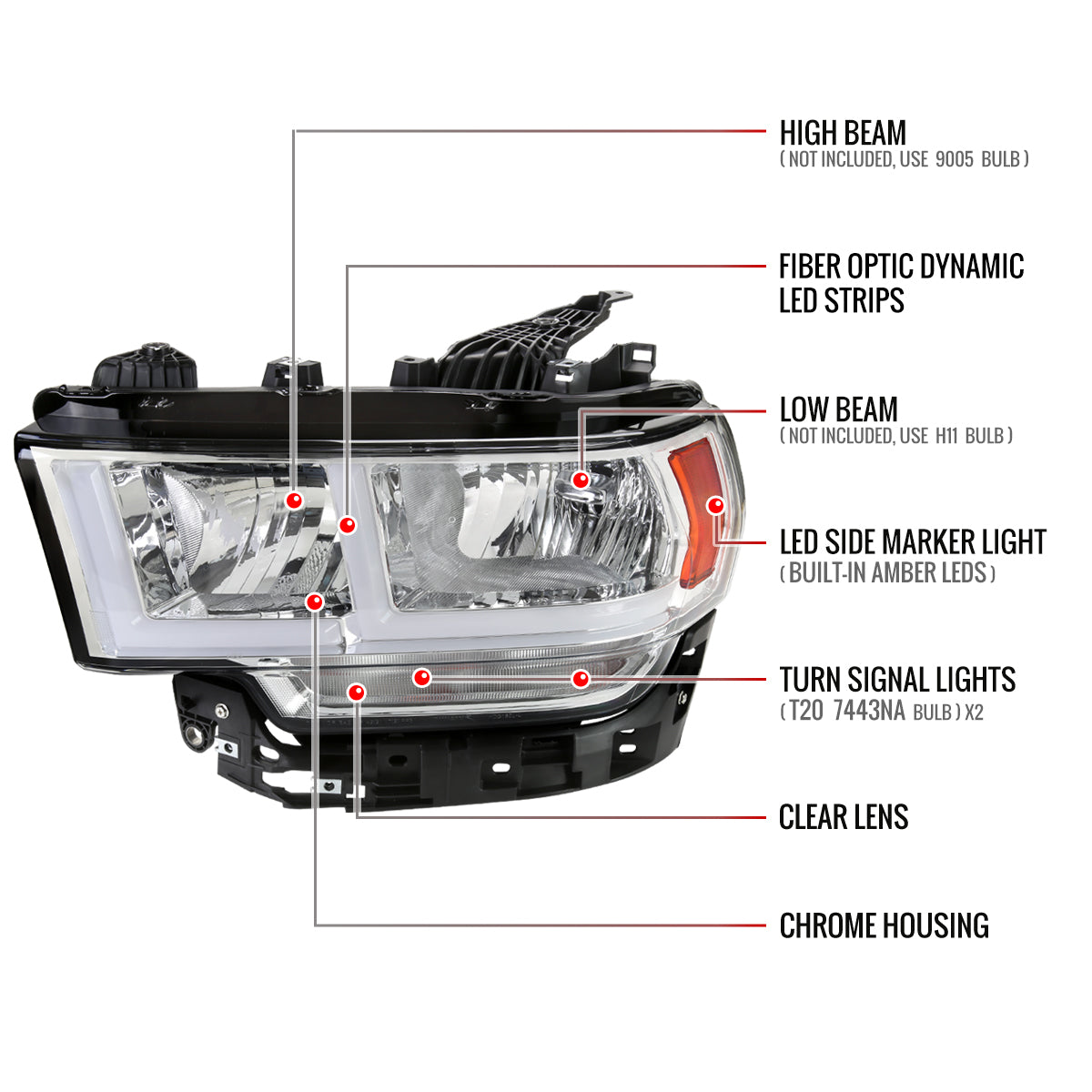 2019-2024 Dodge RAM 2500/3500/4500/5500 LED Bar Factory Style Headlights (Chrome Housing/Clear Lens)
