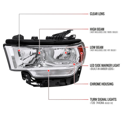 2019-2024 Dodge RAM 2500/3500/4500/5500 Factory Style Headlights (Chrome Housing/Clear Lens)